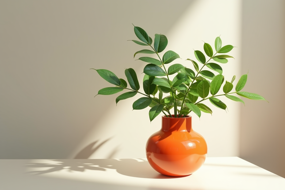 Plante verte avec vase en céramique rouge orange sur une table minimaliste