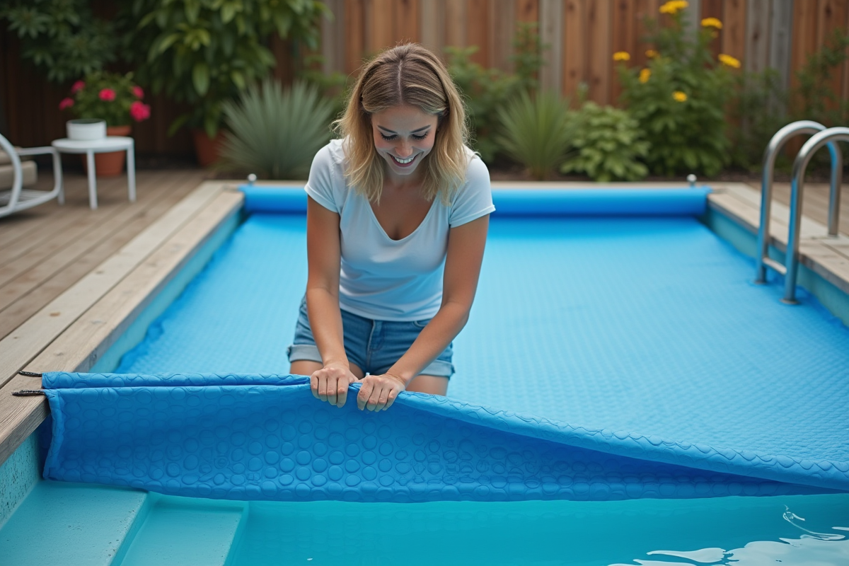Femme plie une couverture de piscine dans le jardin