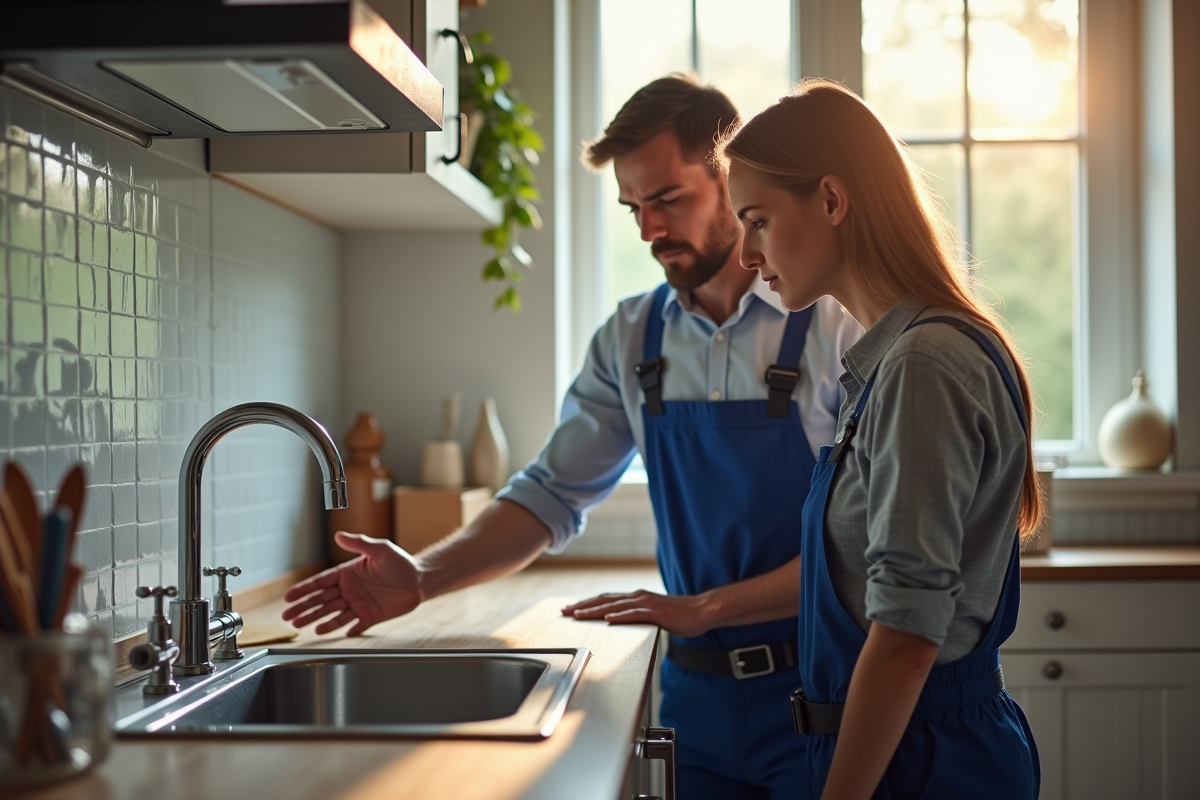 Plombier professionnel expliquant les tuyaux à un propriétaire dans une cuisine moderne