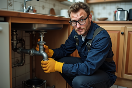 Plombier homme en overalls examine tuyaux sous évier cuisine