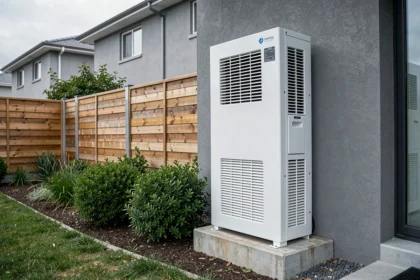 Pompe à chaleur air-eau Vaillant Arotherm installée sur la façade extérieure d'une maison contemporaine avec jardin