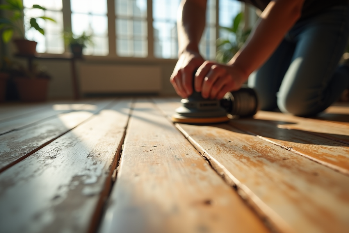 Personne ponçant un vieux parquet en bois lumineux