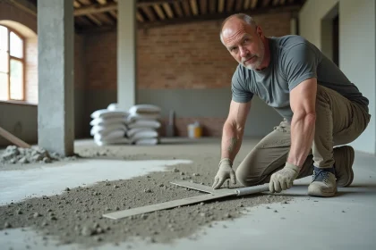 Ouvrier posant une chape en ciment sur sol béton pour préparer la pose de carrelage grand format