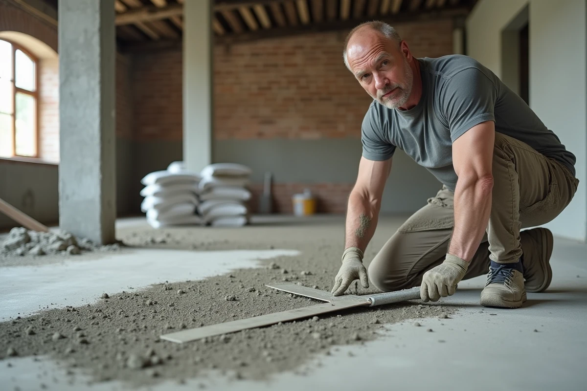 Ouvrier posant une chape en ciment sur sol béton pour préparer la pose de carrelage grand format