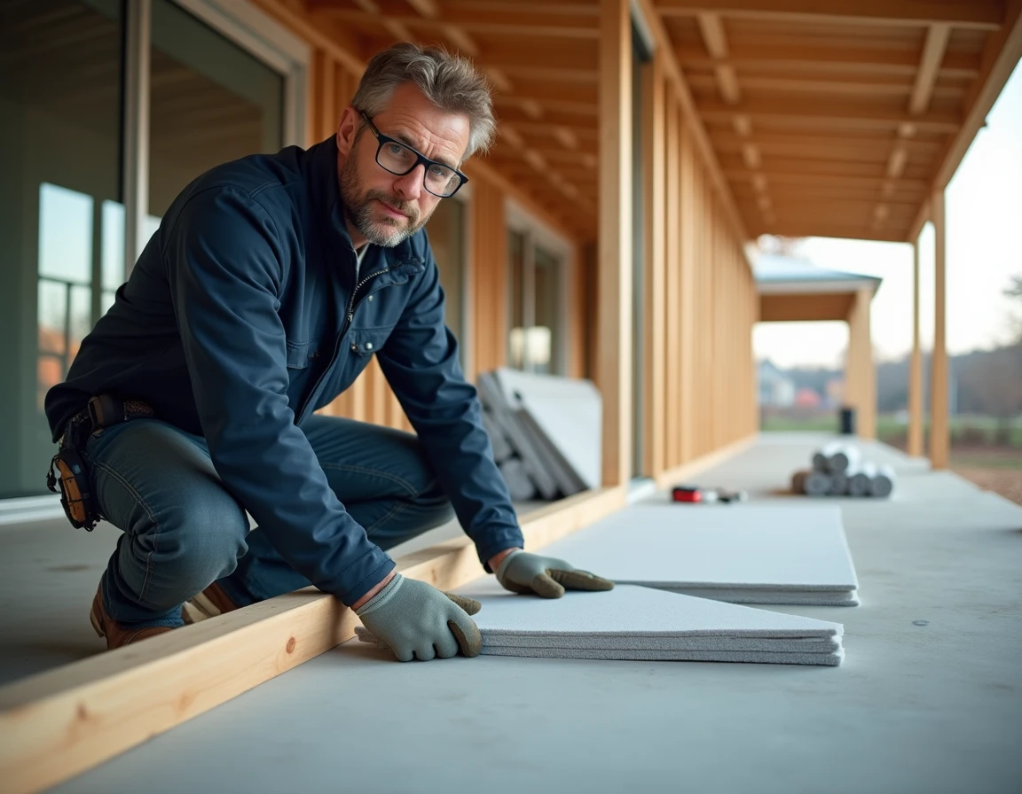 Artisan posant des panneaux d'isolation thermique dans la toiture d'une véranda en cours de construction
