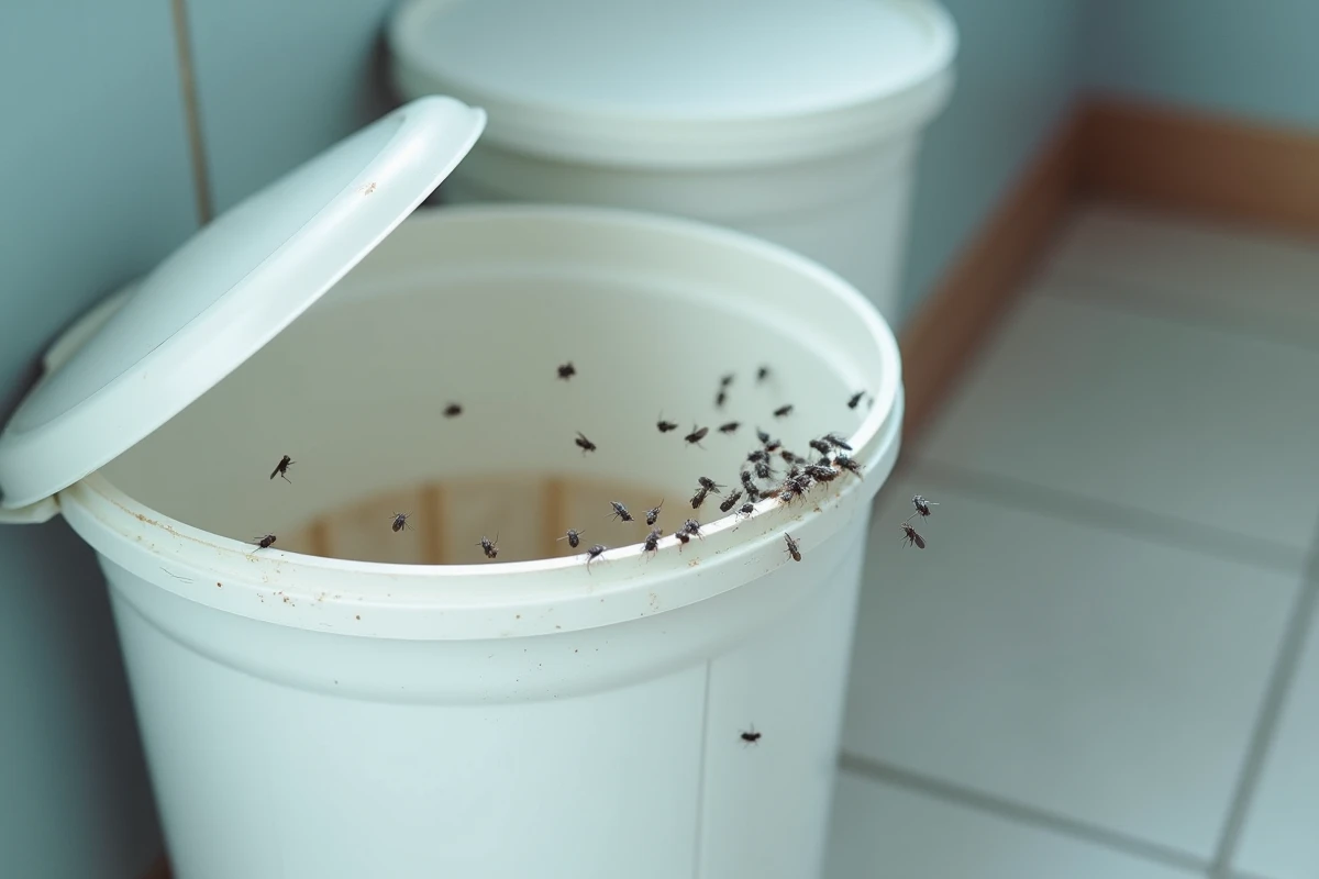 Poubelle de cuisine infestée de moucherons avec insectes visibles autour du couvercle
