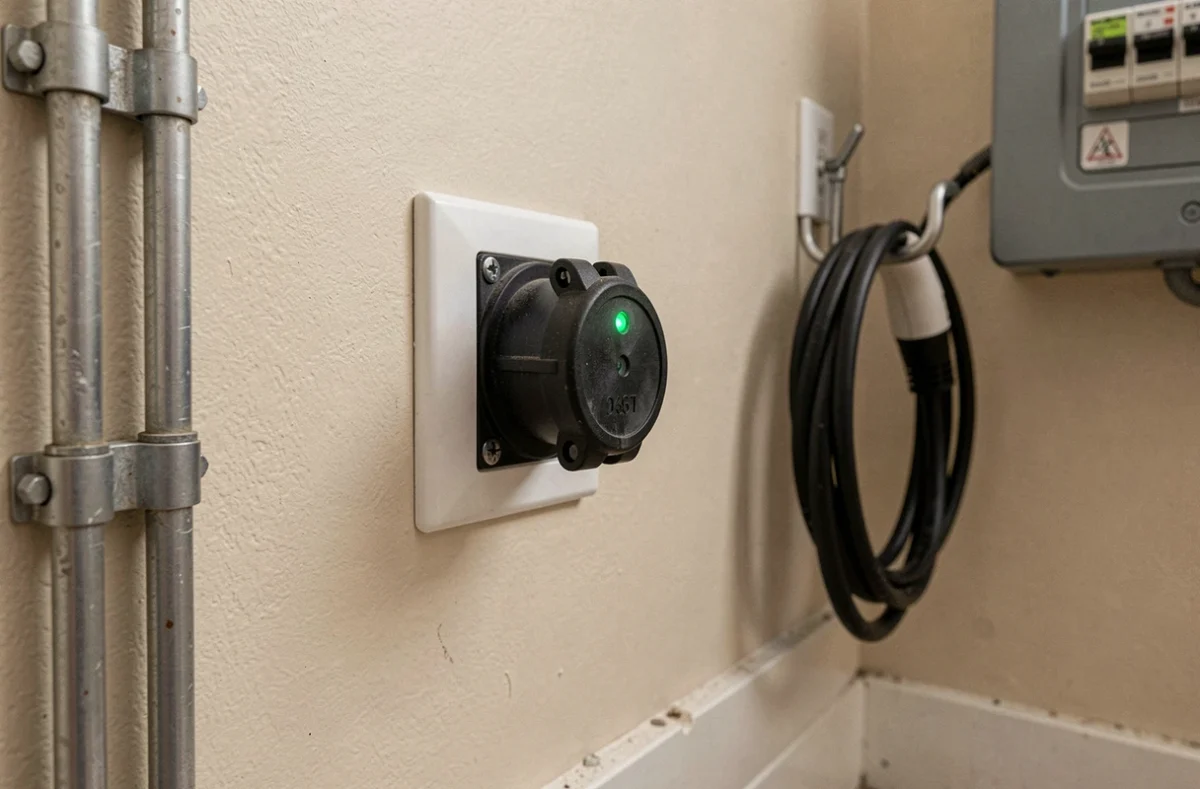 Prise électrique renforcée pour véhicule électrique installée sur un mur de garage avec tableau électrique visible