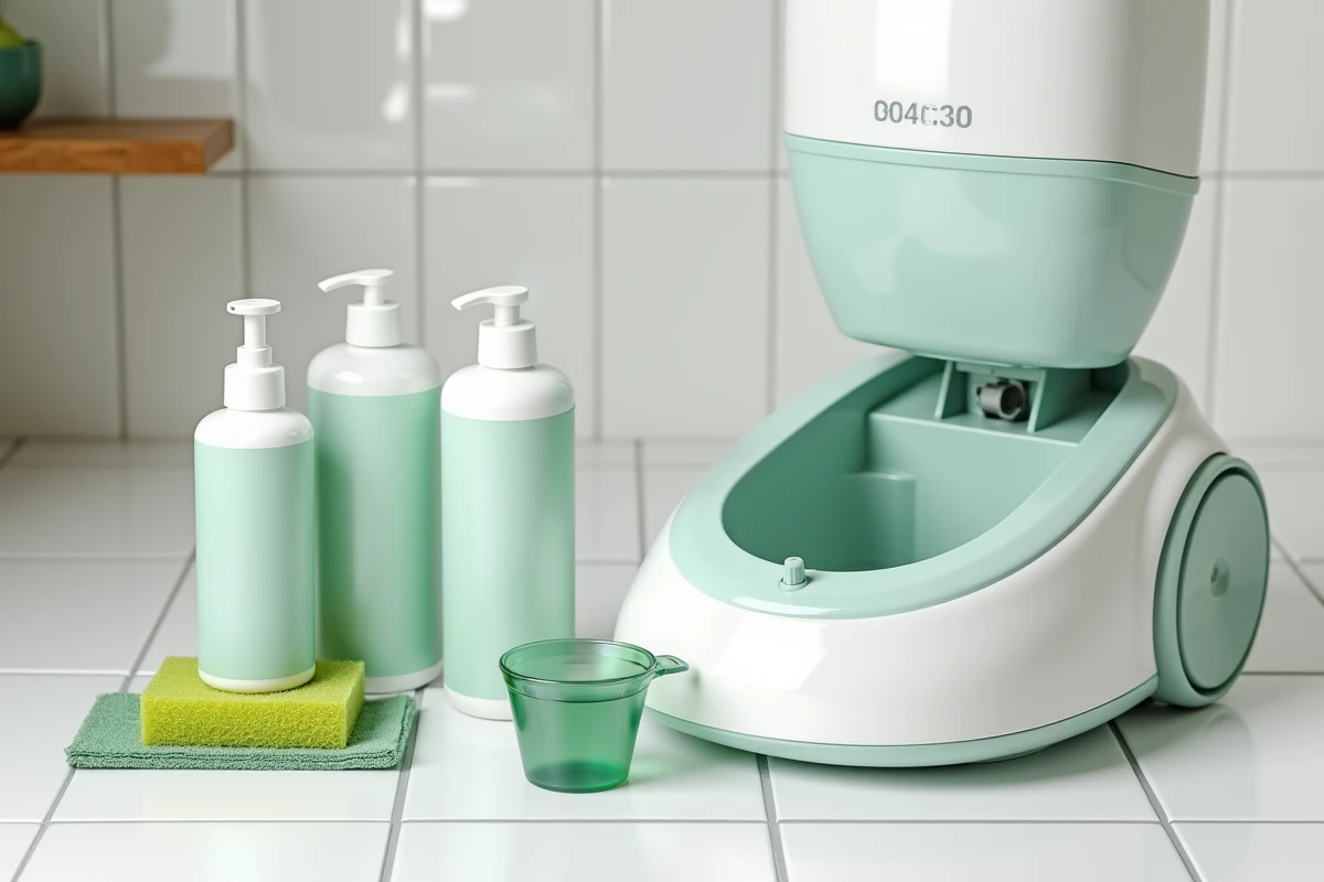 Comparaison de produits nettoyants écologiques posés près d'une shampouineuse ouverte sur un plan de travail en carrelage blanc