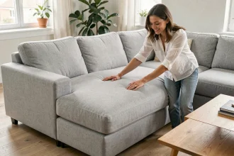 Femme installant un protège canapé d'angle lavable en machine sur un canapé gris dans un salon moderne