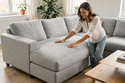 Femme installant un protège canapé d'angle lavable en machine sur un canapé gris dans un salon moderne