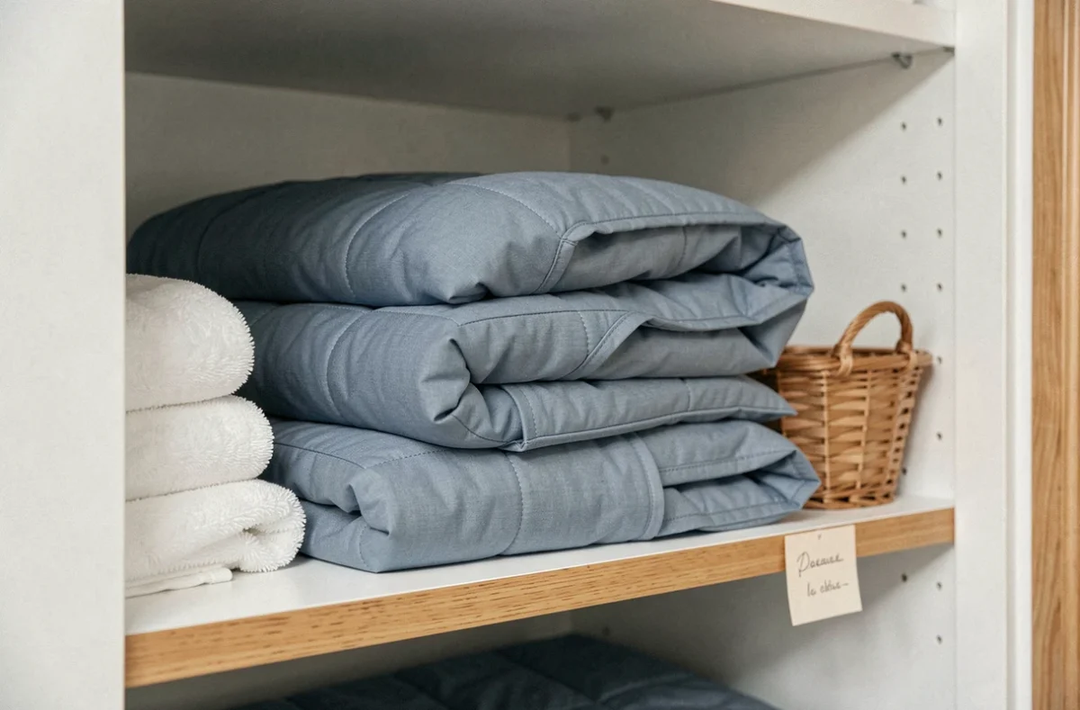 Protège canapé d'angle lavable plié en machine rangé sur une étagère dans un placard linge bien organisé
