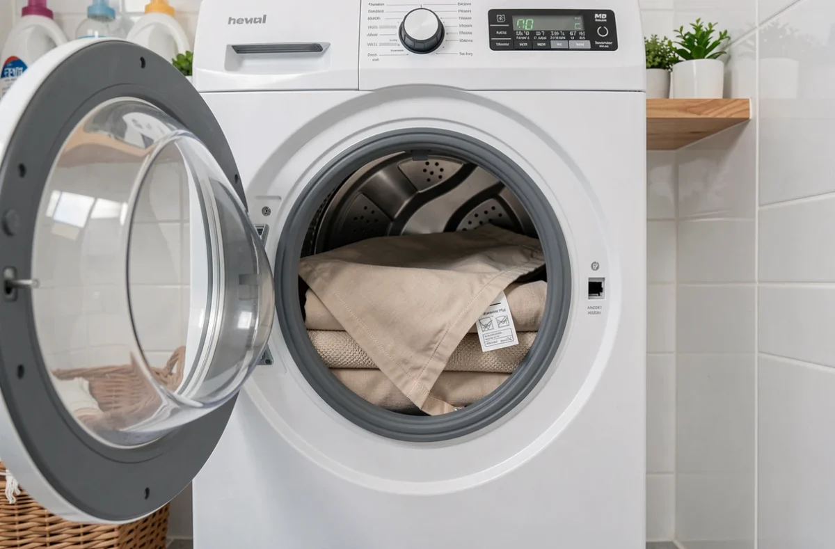 Protège canapé d'angle beige en cours de lavage dans une machine à laver dans une buanderie propre