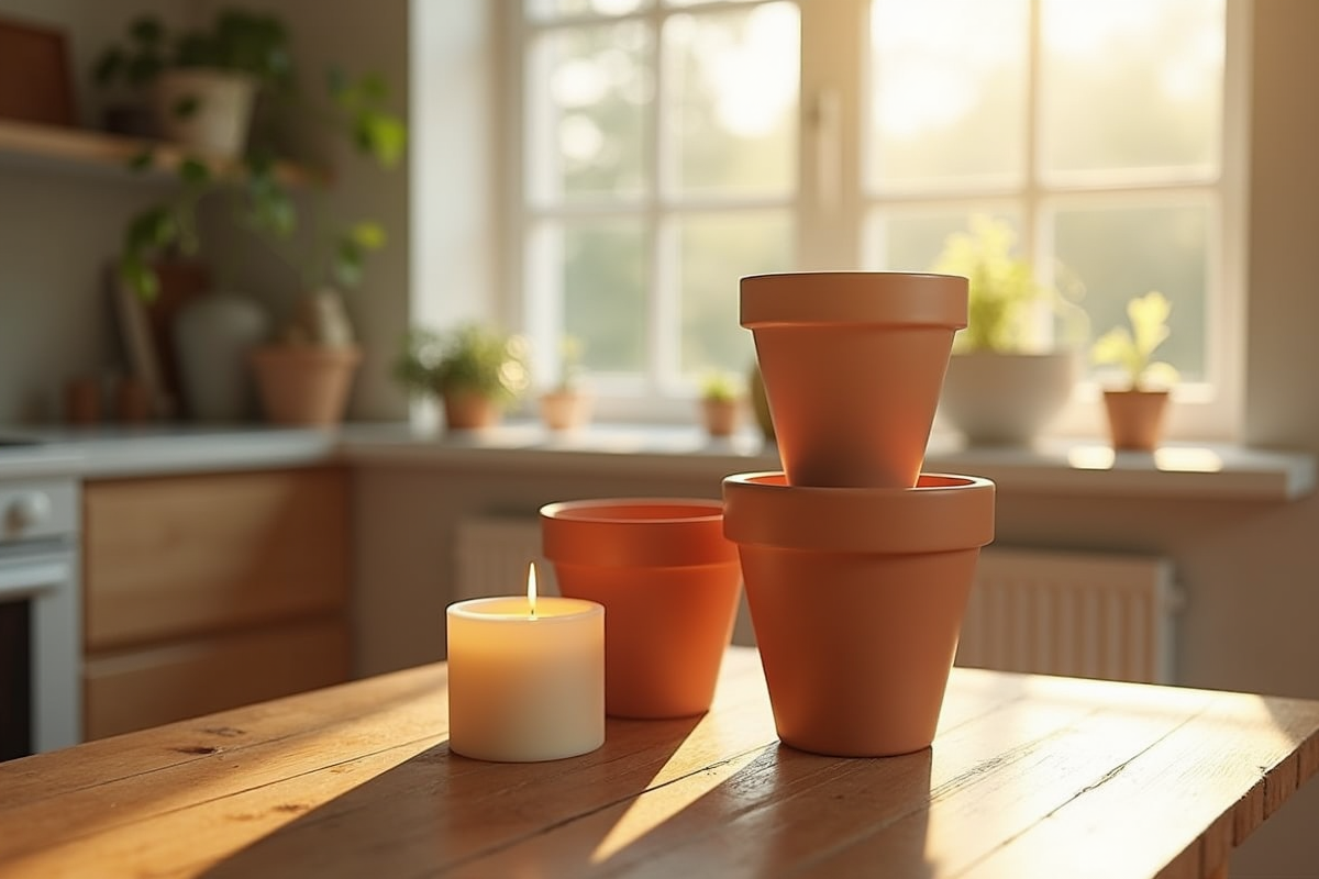 Radiateur artisanal en pots de fleurs en terre cuite dans une cuisine lumineuse