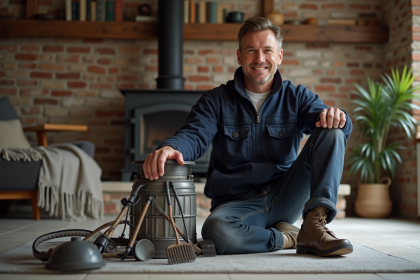 Homme ramoneur souriant pr&egrave;s d'outils de chemin&eacute;e dans maison moderne