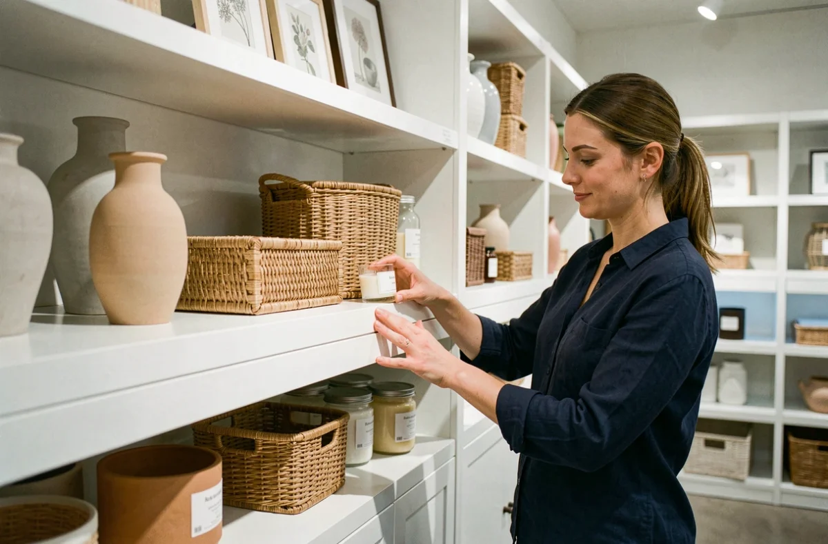 Rayon décoration maison dans un magasin à Nîmes avec vases en céramique, paniers tressés et bougies parfumées sur des étagères blanches