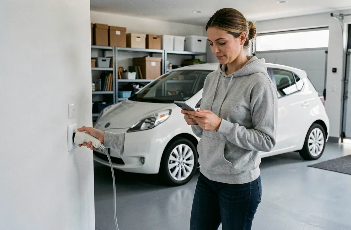 Femme branchant un câble de recharge sur une prise renforcée dans un garage domestique avec voiture électrique