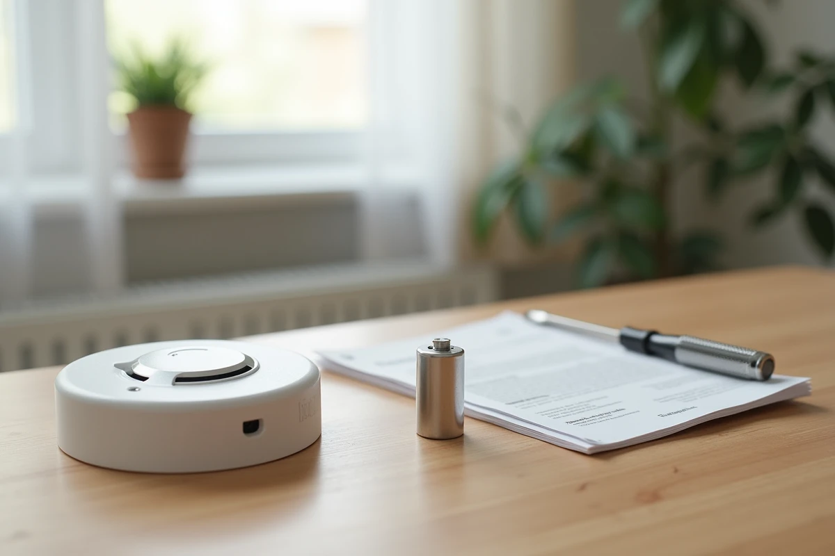 Détecteur de fumée ouvert avec batterie et outils de remplacement posés sur une table en bois