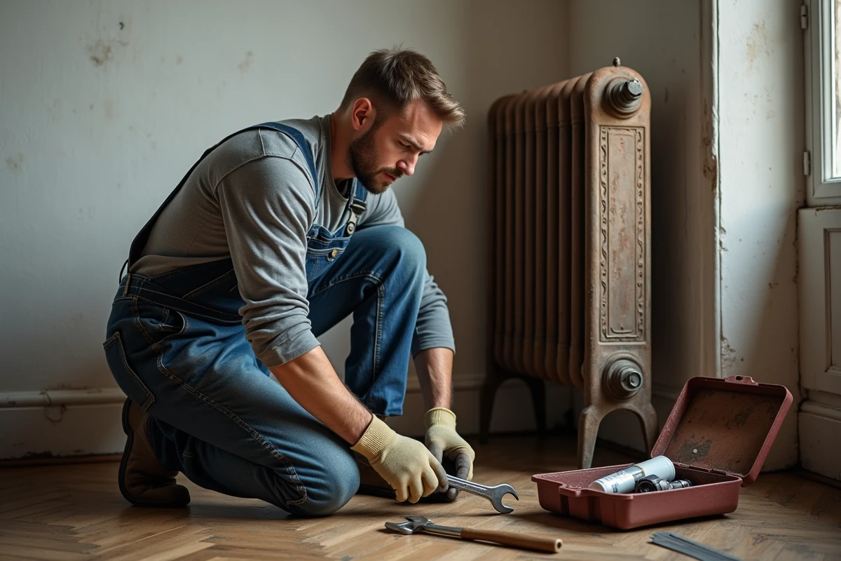Plombier en train d'examiner un pied de radiateur en fonte usé et rouillé dans un appartement ancien avec parquet en bois
