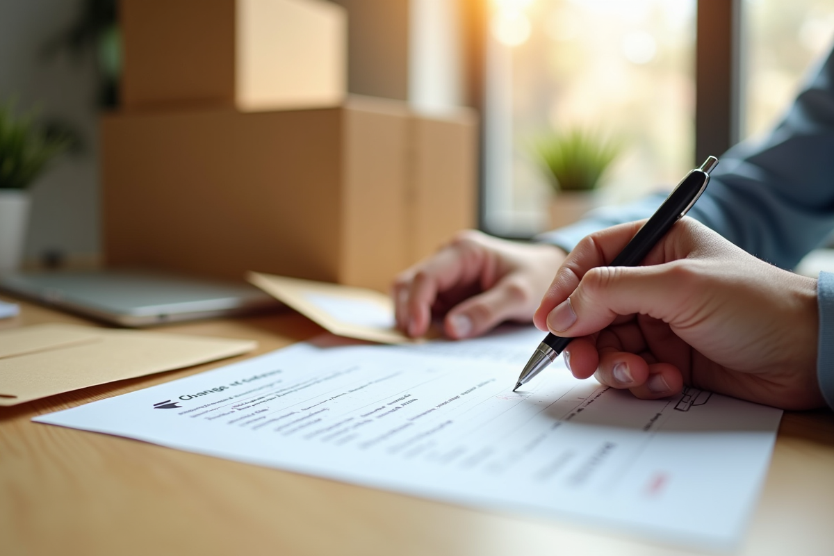 Mains remplissant un formulaire de changement d