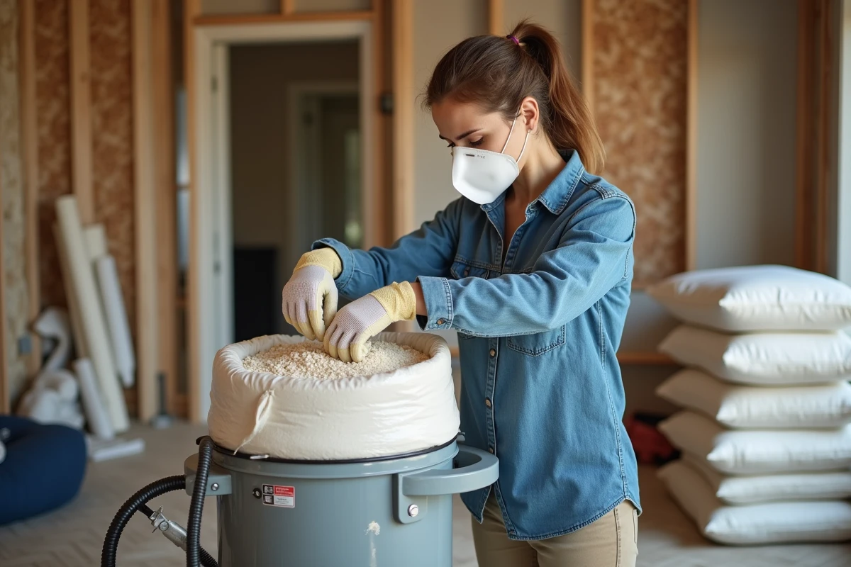 Femme versant de la ouate de cellulose en vrac dans une souffleuse louée pour un projet d'isolation maison sur un week-end