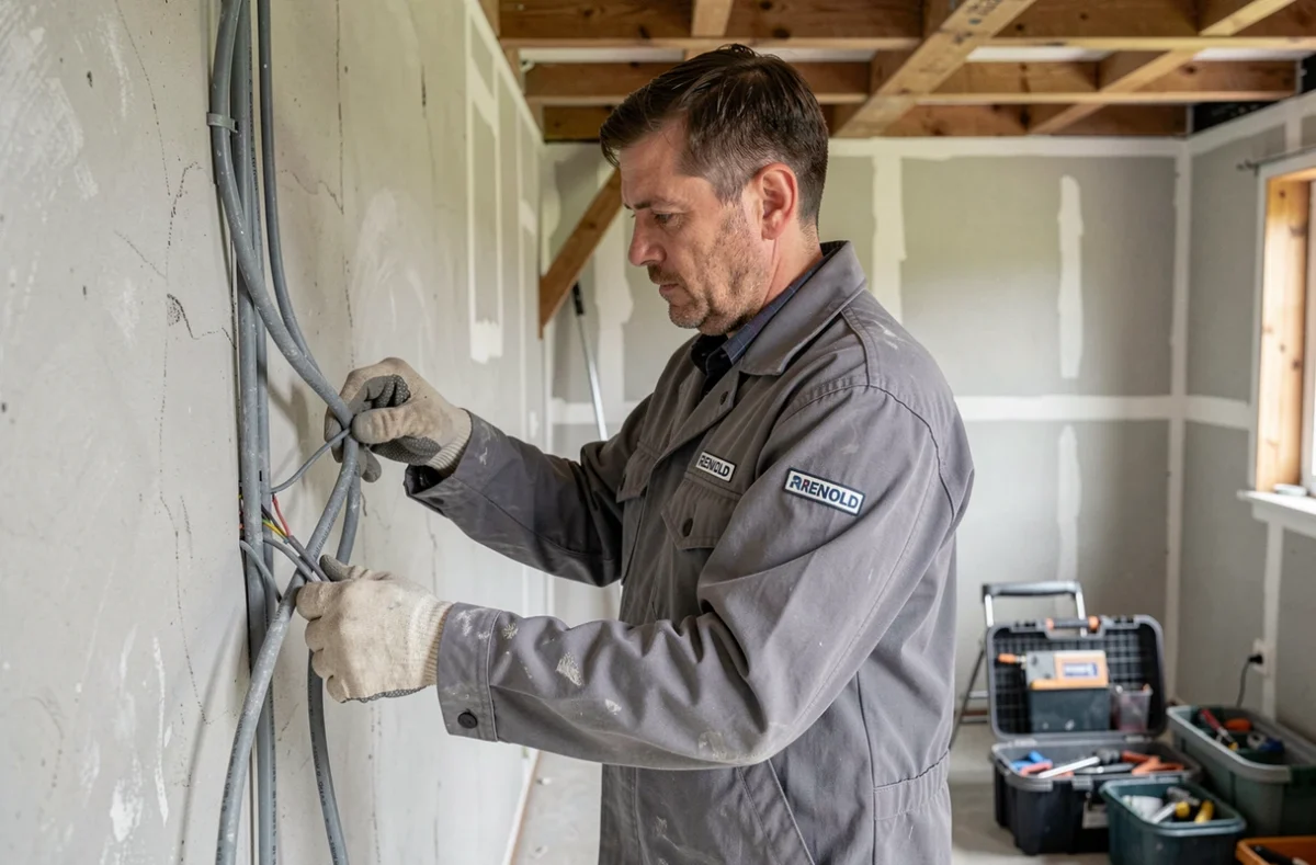 Électricien RENOLD tirant des câbles dans une maison en rénovation dans les Yvelines
