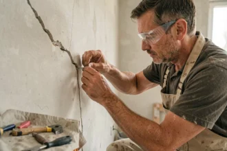 Artisan insérant une agrafe métallique pour fissure dans un mur en plâtre lézardé lors de travaux de réparation intérieure