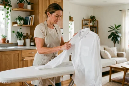 Femme repassant une chemise blanche à domicile avec un fer à vapeur dans une cuisine moderne