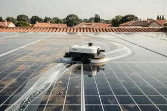 Robot nettoyeur autonome en action sur des panneaux solaires résidentiels installés sur un toit en tuiles