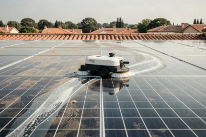 Robot nettoyeur autonome en action sur des panneaux solaires résidentiels installés sur un toit en tuiles