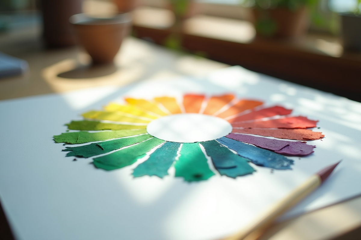 Roue de couleurs sur un bureau d'artiste avec couleurs complémentaires