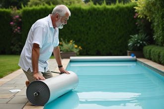 Homme d'âge moyen roule une couverture solaire de piscine