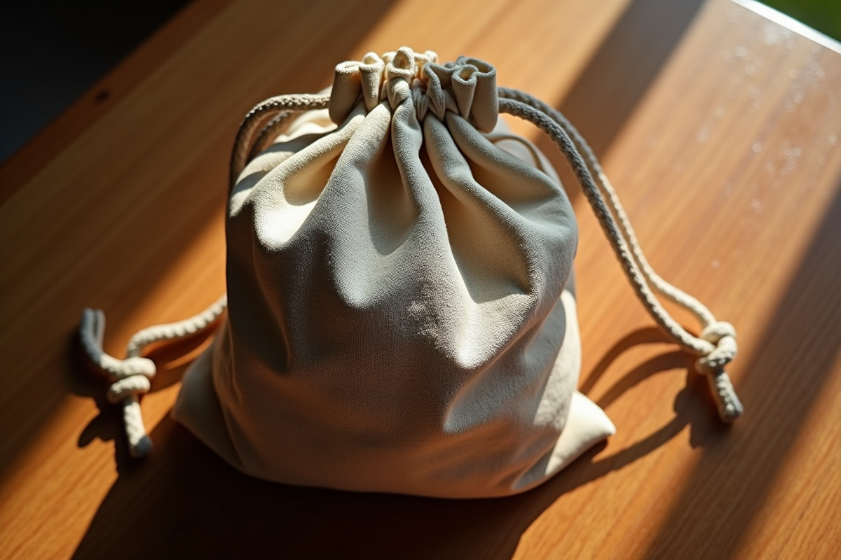 Sac à cordon fermé sur une table en bois sous lumière du matin