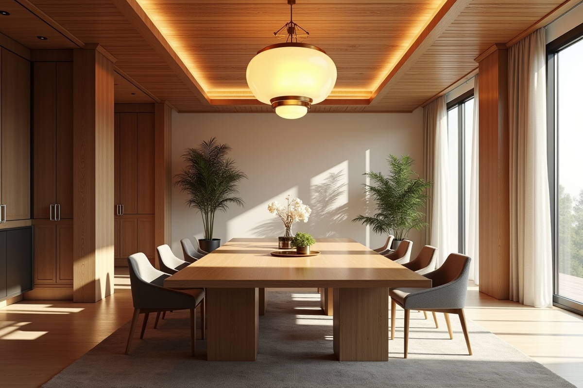 Salle à manger élégante avec grande lampe suspendue