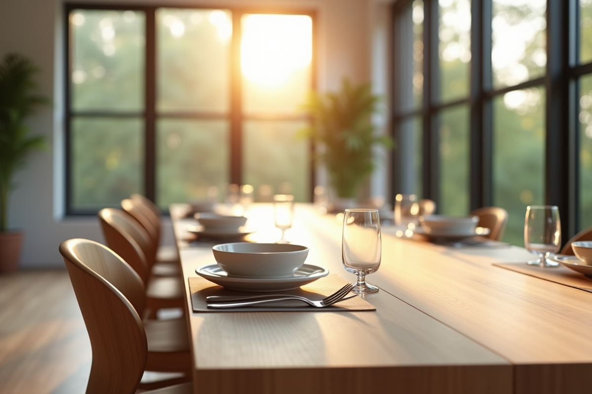 Salle a manger moderne avec table rectangulaire lumineuse