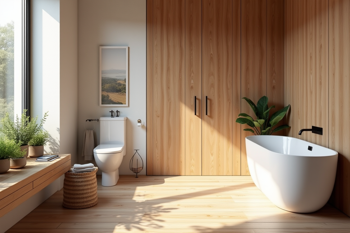Salle de bain chaleureuse avec panneaux en bois et lumière naturelle