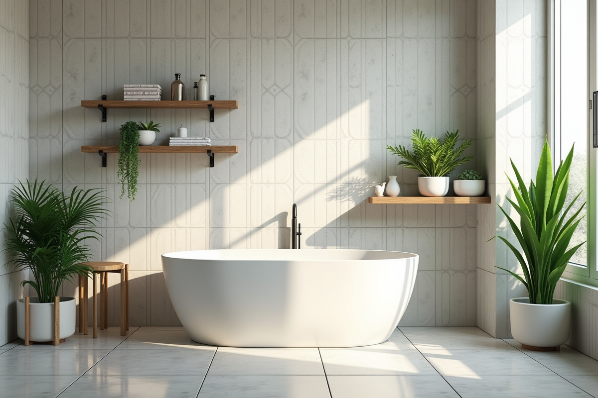 Salle de bain moderne avec papier peint et plantes vertes
