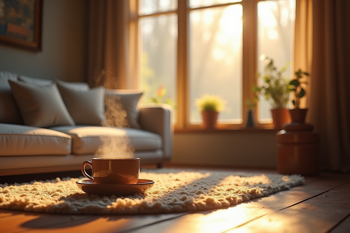 Salon chaleureux avec lumière naturelle et tapis en laine