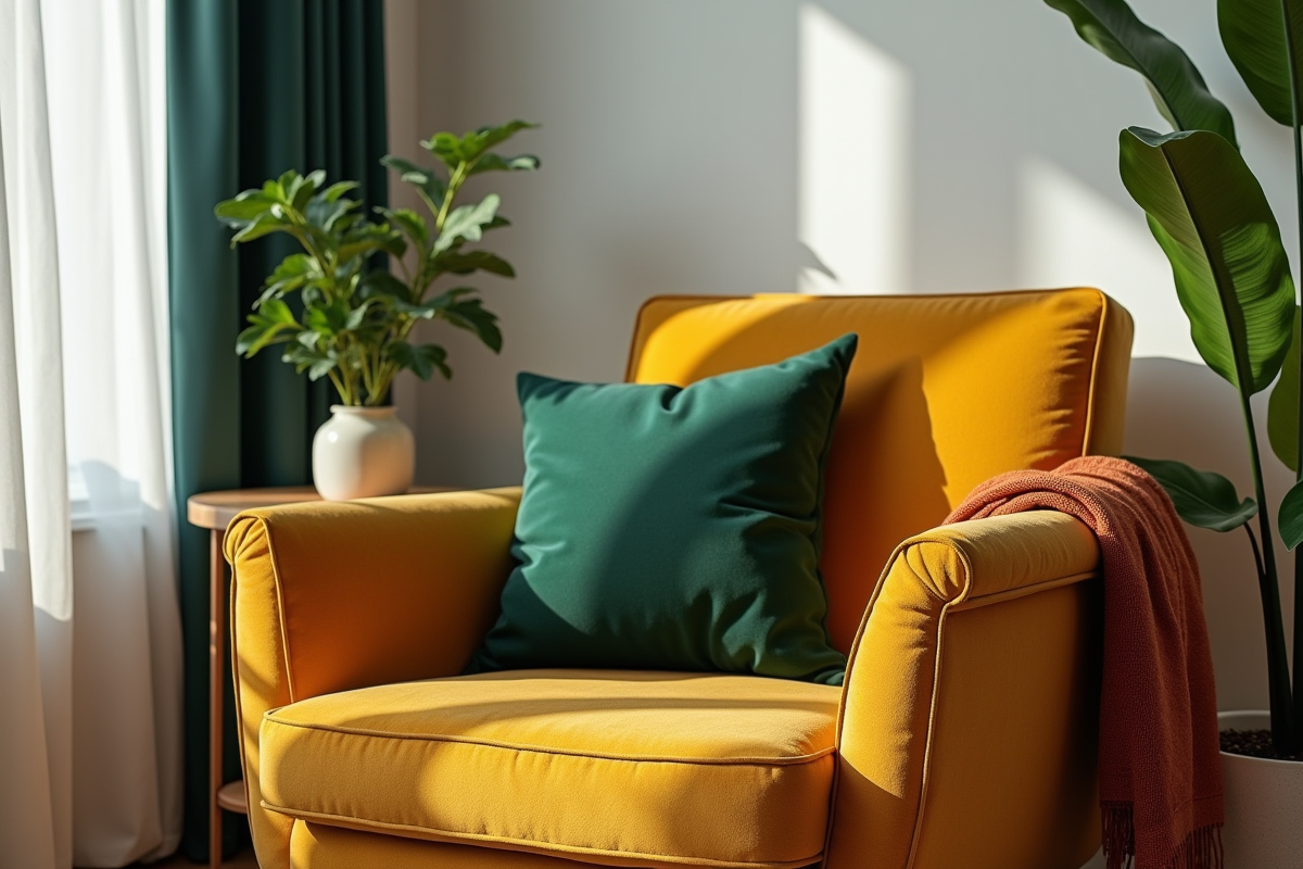 Salon moderne avec fauteuil et coussin coloré pour l article