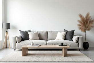 Salon gris et blanc avec canapé en velours gris clair et coussins ivoire sur tapis beige tissé