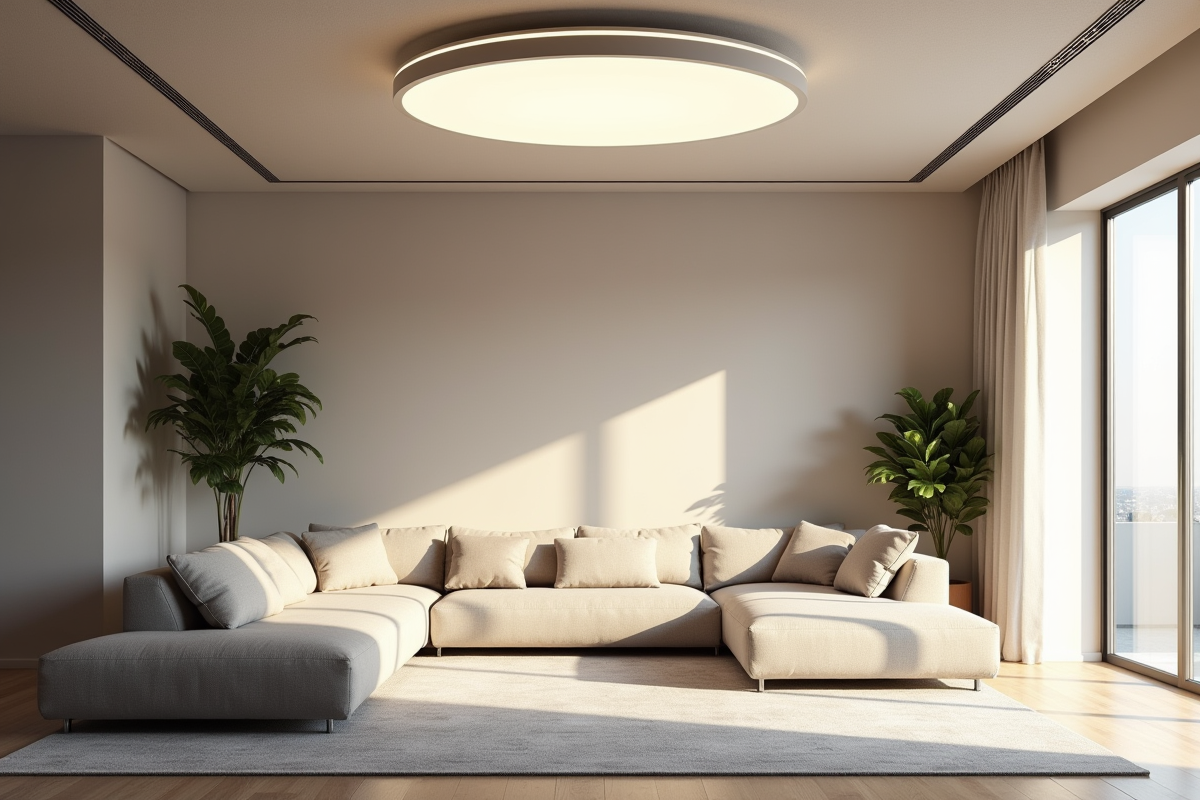 Salon moderne avec grande fenêtre et éclairage central