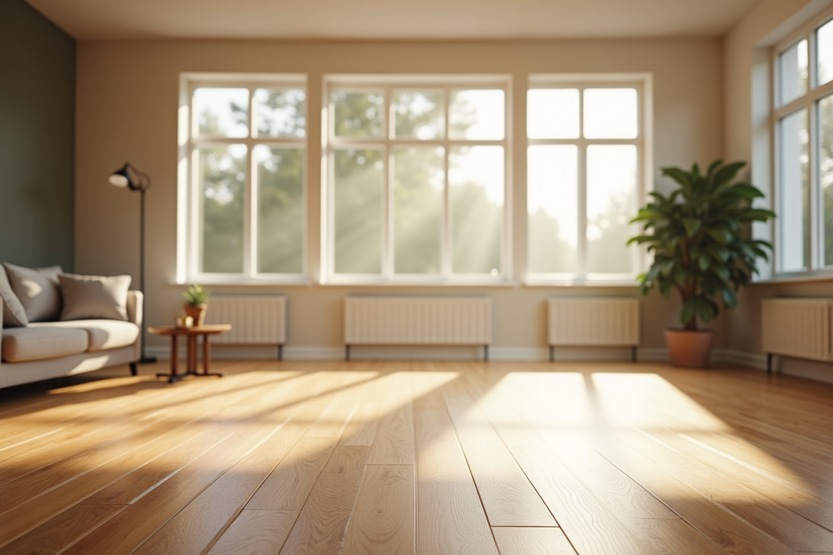 Salon spacieux avec parquet naturel lumineux