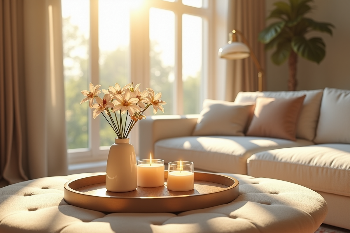 Salon lumineux avec mobilier élégant et ambiance chaleureuse