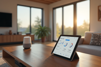 Salon moderne avec appareils connectes et tableau de bord