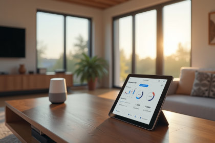 Salon moderne avec appareils connectes et tableau de bord