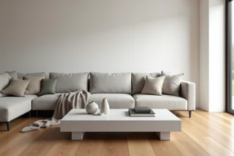 Salon minimaliste avec table basse en béton cellulaire, canapé en lin gris et parquet en chêne