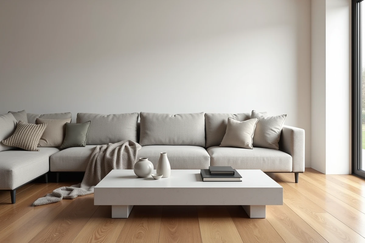 Salon minimaliste avec table basse en béton cellulaire, canapé en lin gris et parquet en chêne
