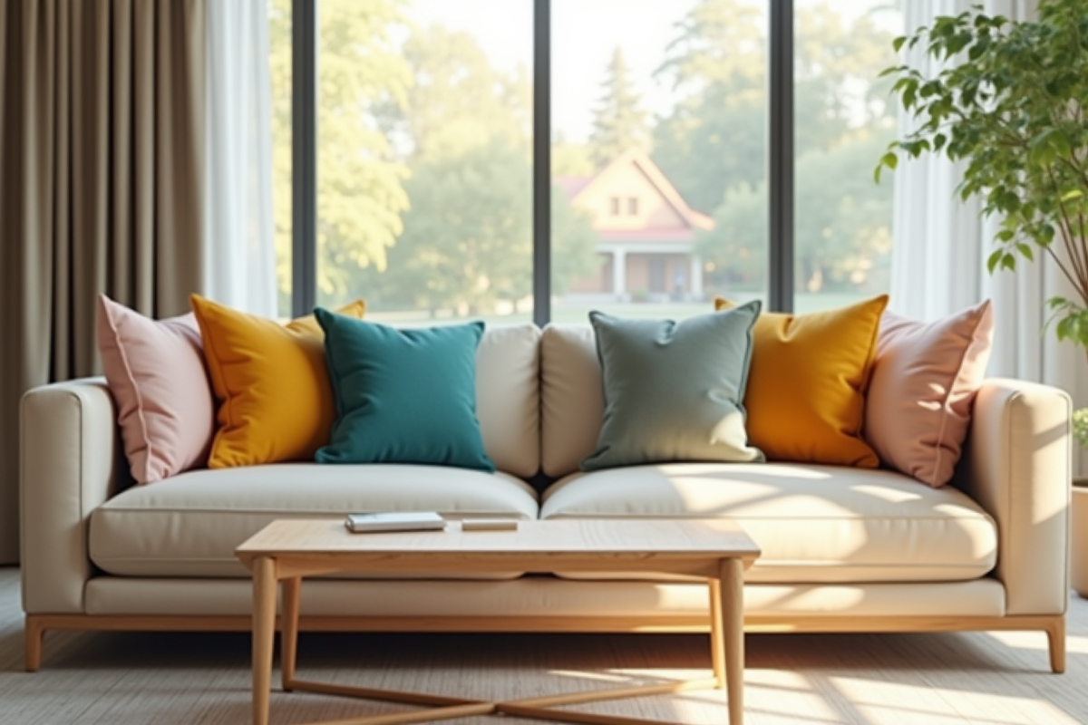 Salon moderne avec canapé beige et coussins colorés