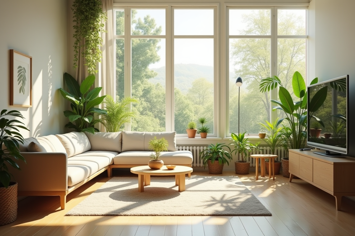 Salon moderne lumineux avec plantes et mobilier écologique