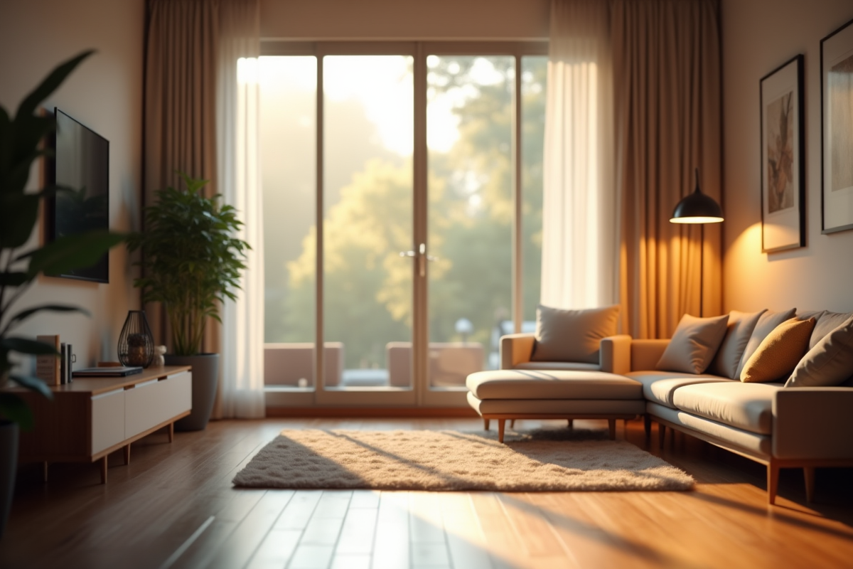 Salon moderne avec grande fenetre et lumiere naturelle