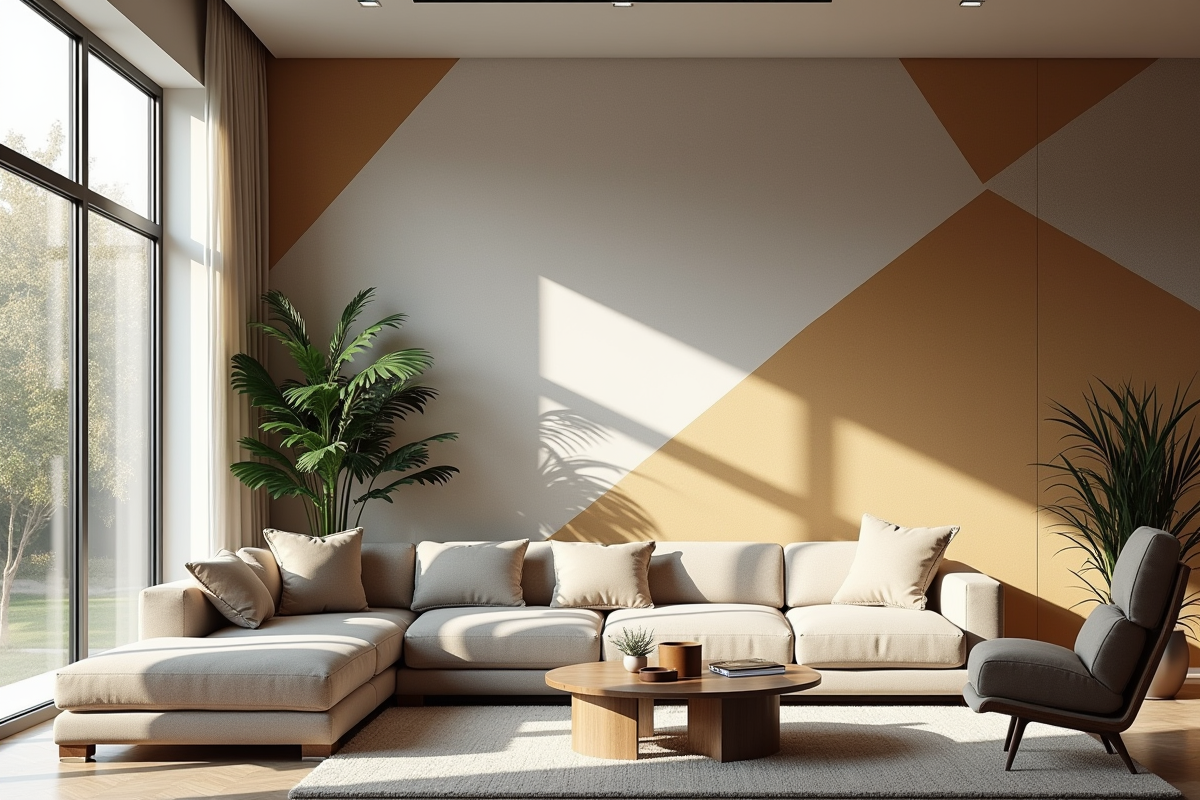 Salon moderne avec mur accent en papier peint géométrique